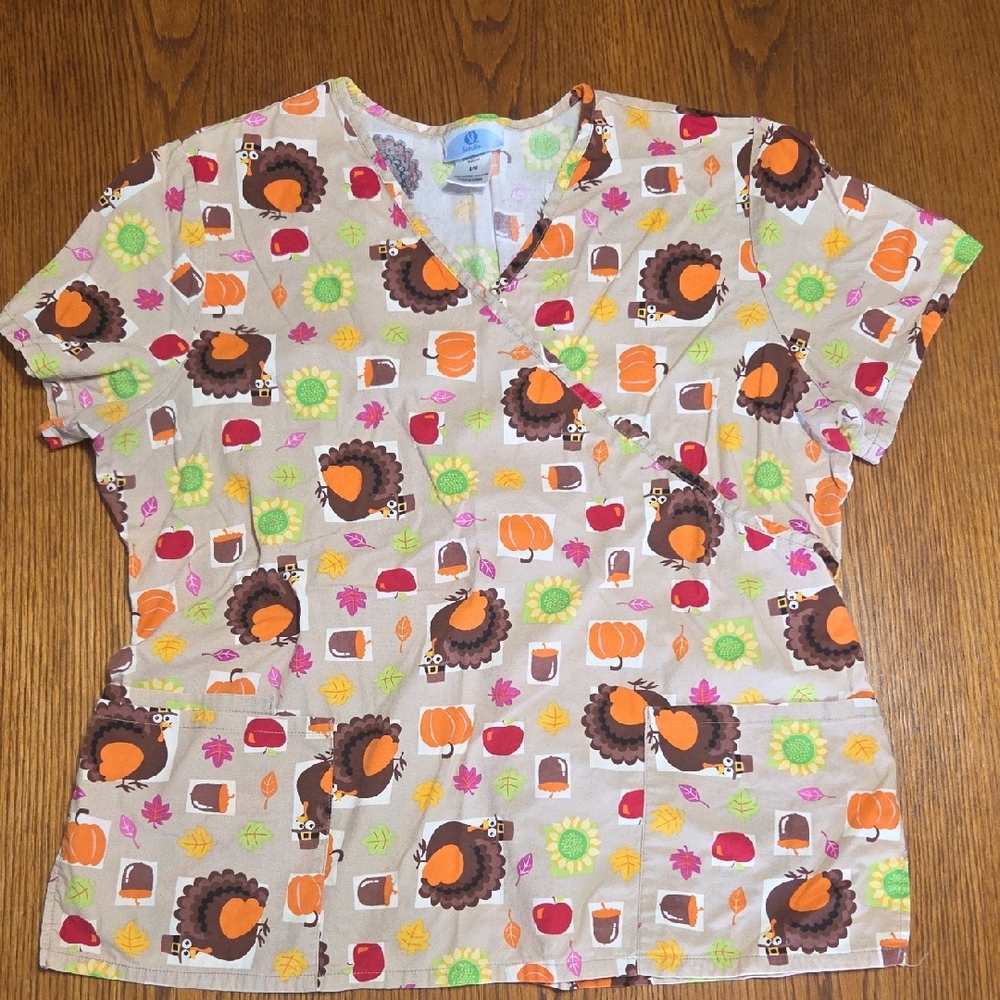 SB Scrubs Autumn Harvest Thanksgiving Turkeys, Pumpkins And Sunflowers Print Top